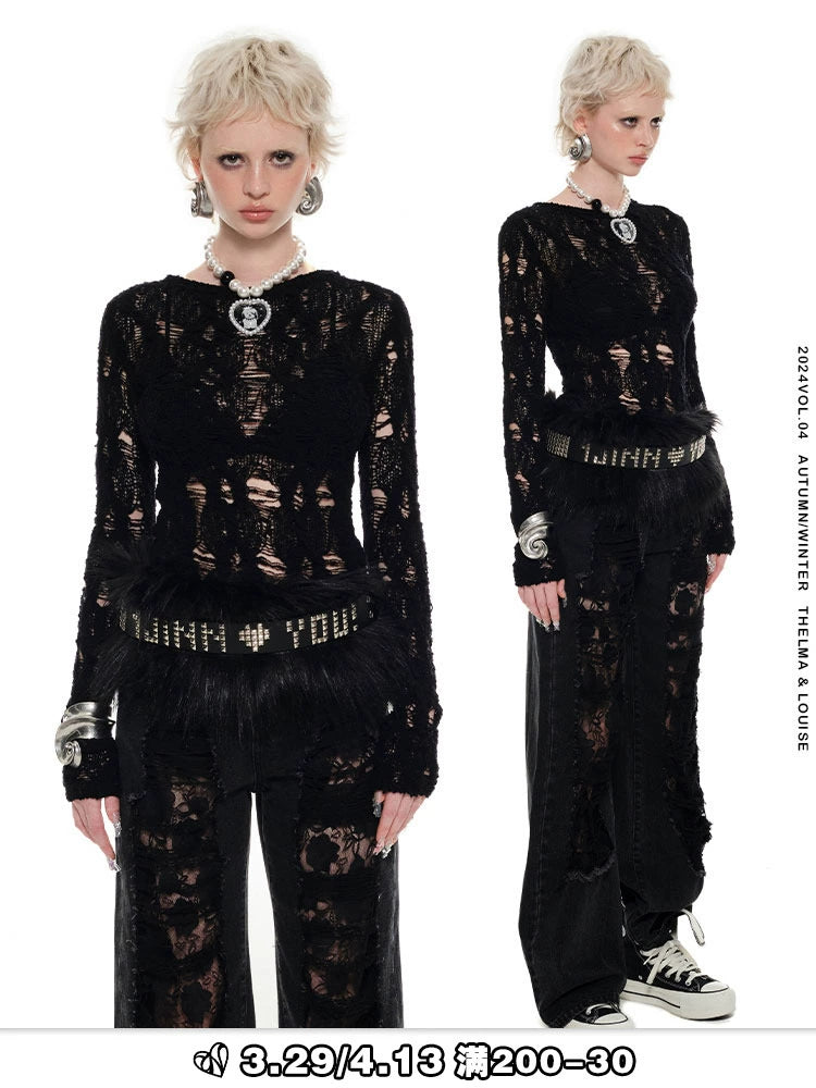 Cutout Sheer Knit Shirt – Lightweight Slim Fit Long Sleeve Top