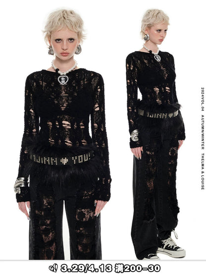 Cutout Sheer Knit Shirt – Lightweight Slim Fit Long Sleeve Top