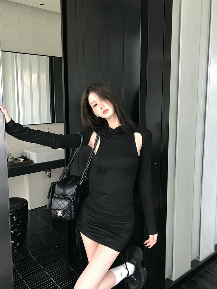 [Black Hot Girl] Wilderness Ribbed High-Collar Backless Drawstring Dress - Early Autumn Style