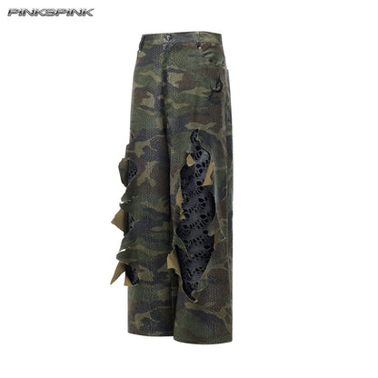 Camouflage Painted Distressed Low-Rise Unisex Y3K Jeans