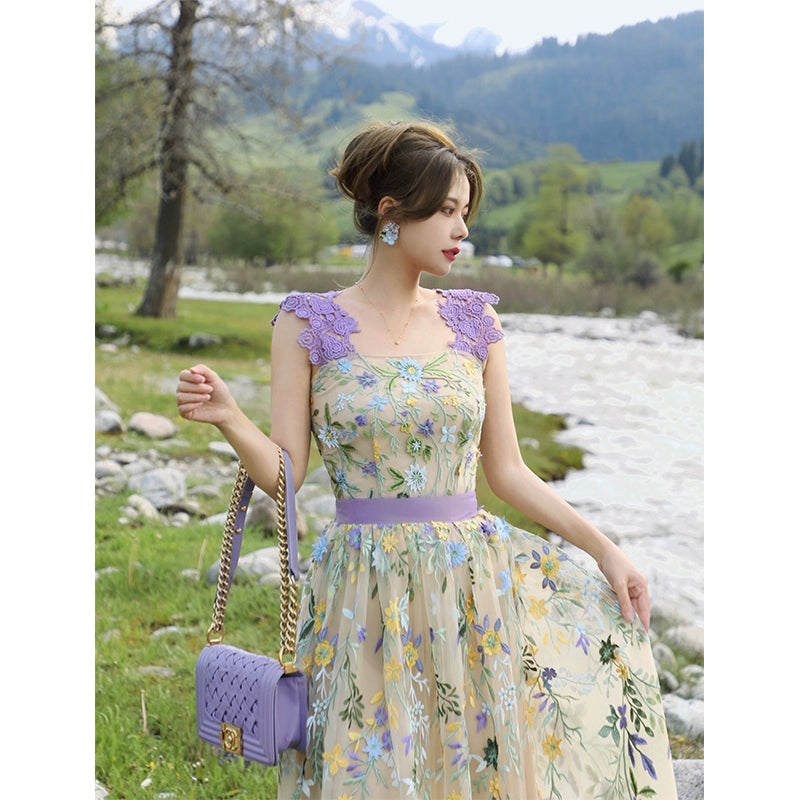 Flower Sea Heavy Mesh Embroidery Sling Dress