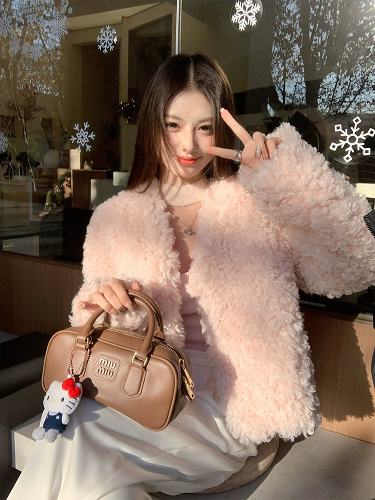 Pink Eco-Friendly Fur Coat - Women's Autumn/Winter Short Wool Curly Fit