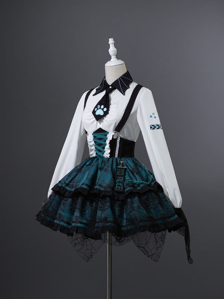 Lolita Shallot Rock Y2K Plaid Patchwork Shirt + Suspender Skirt