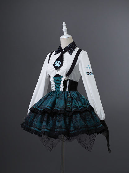 Lolita Shallot Rock Y2K Plaid Patchwork Shirt + Suspender Skirt