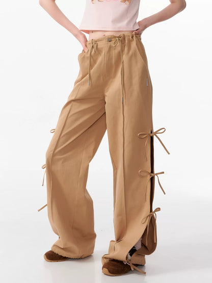 Pantalones de cintura alta con lazo dividido estilo de trabajo informal de pierna ancha retro para el verano