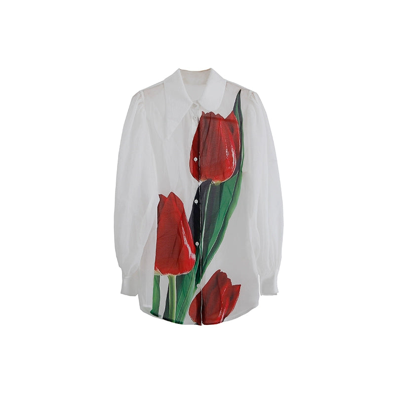 Original Design Gives You a Tulip Art Retro Oil Painting Print Half transparent Early Autumn Shirt
