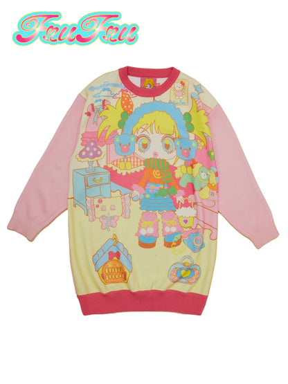 Gollum Store Girls' Room Autumn/Winter Retro Cute Colorblock Pink Beautiful Girl Knit Long Sweater