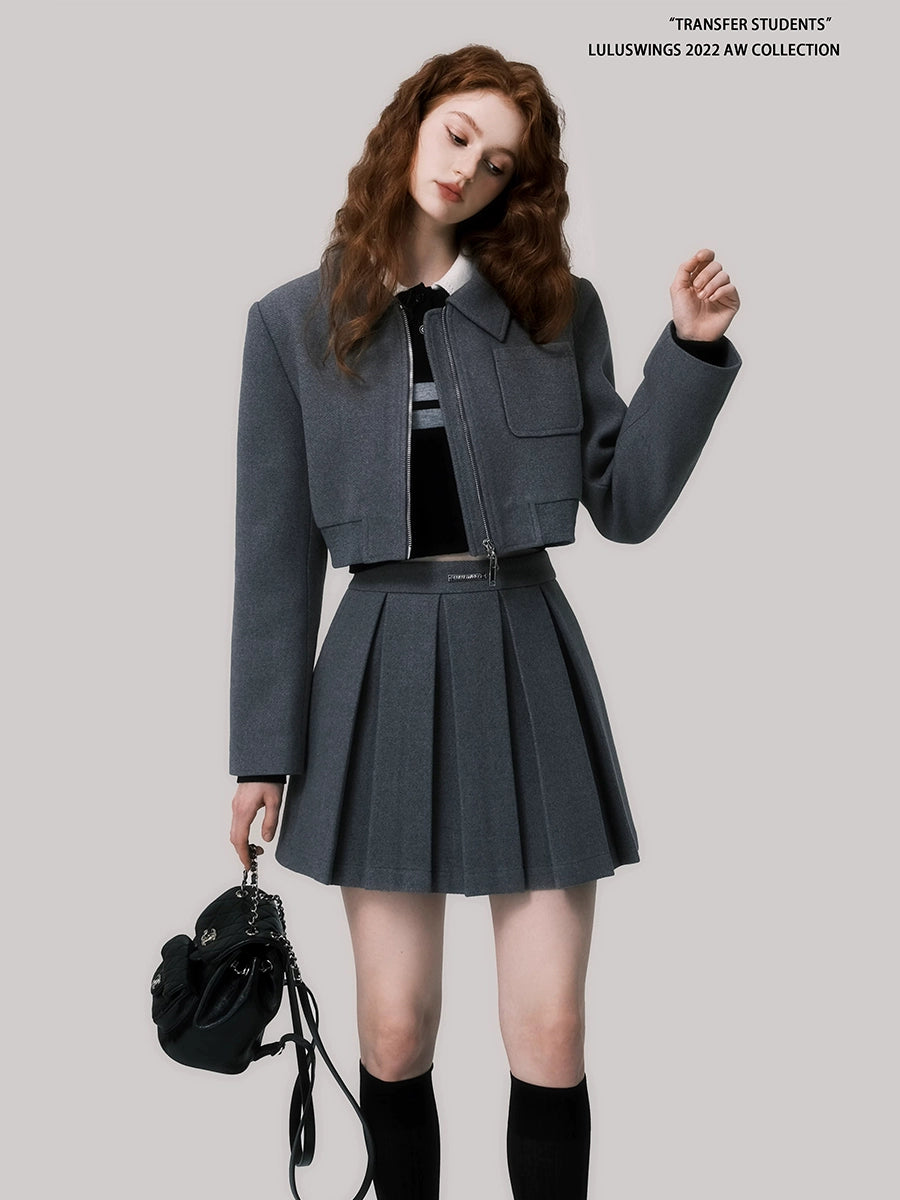 Woolen Jacket and Pleated Skirt Set - Grey Minimalist