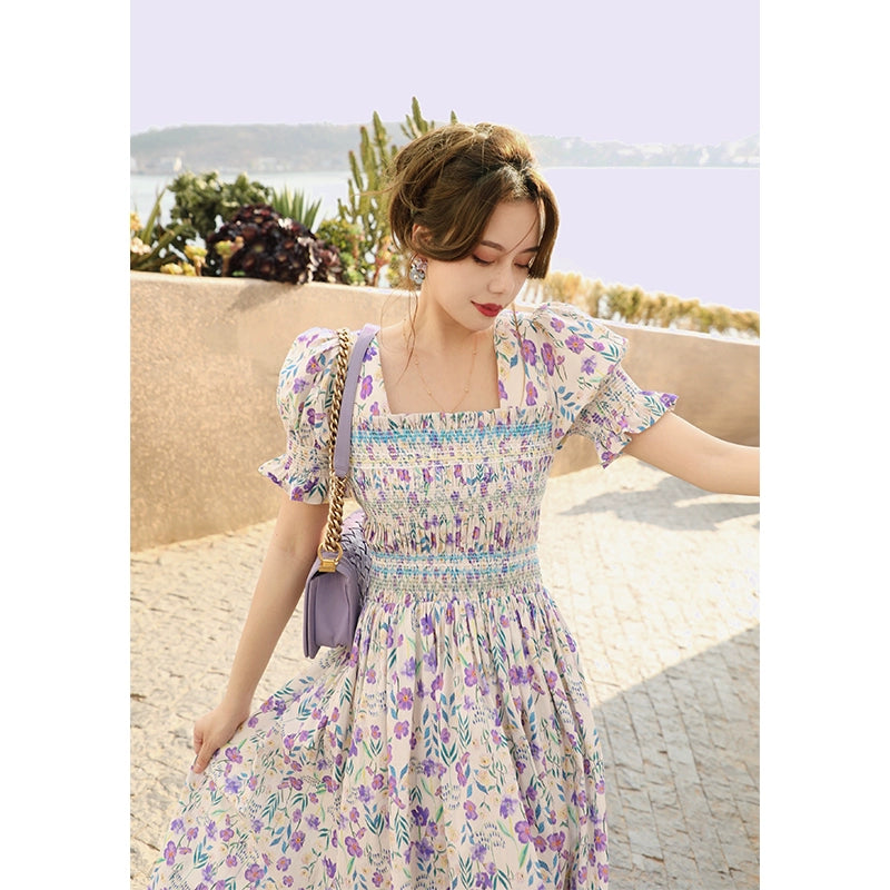 Flower and Leaf Tie Waist Cotton Dress