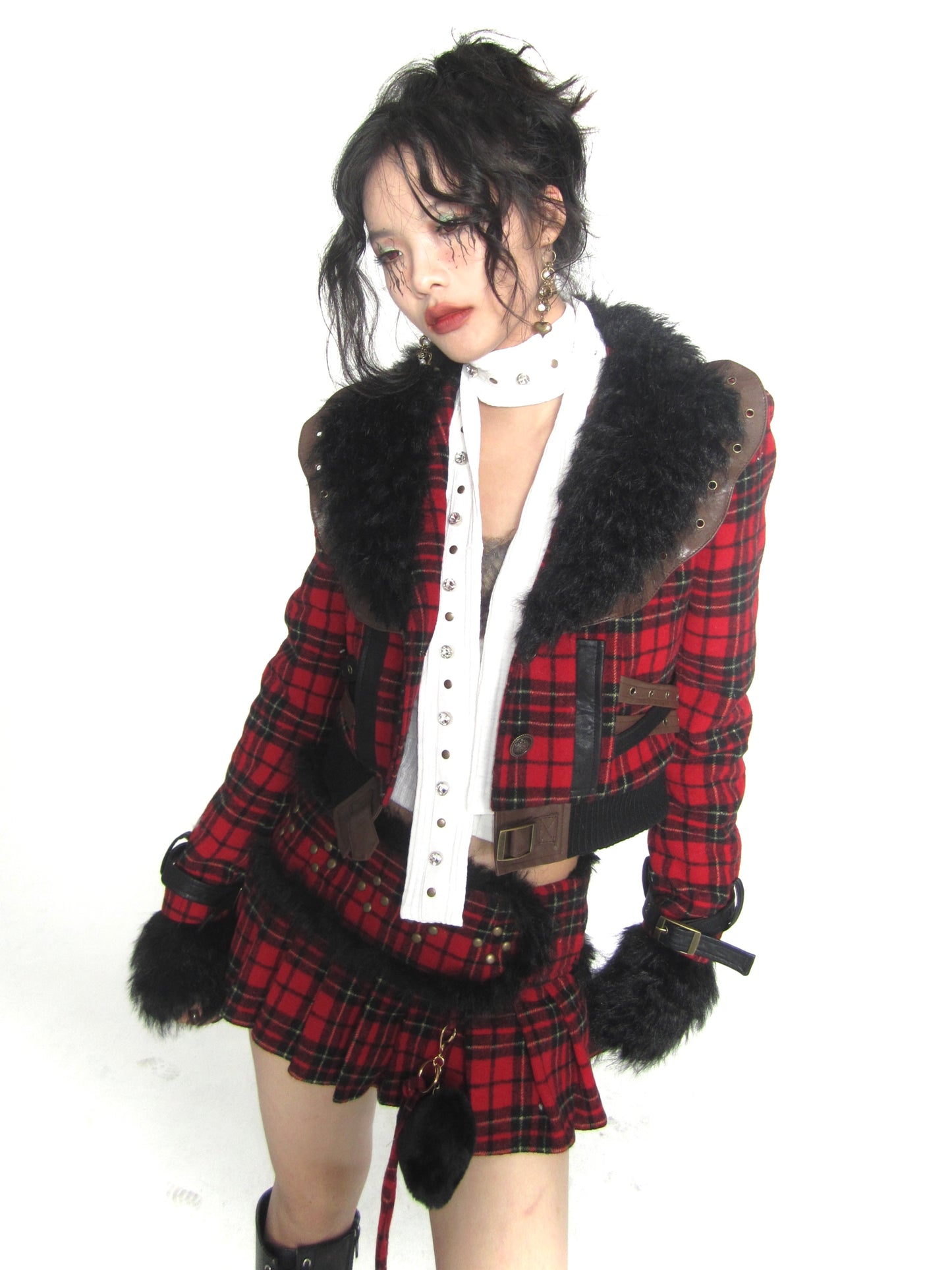 Red and Black Plaid Fleece Collar Thickened Coat Set
