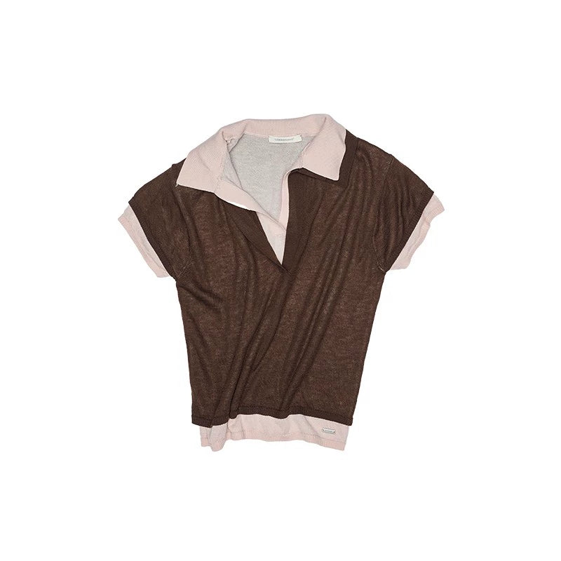 Two-in-One Knitted Polo T-Shirt – Slim Fit Contrast Short Sleeve Top