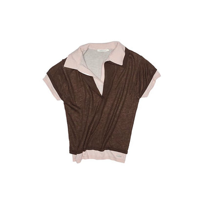 Two-in-One Knitted Polo T-Shirt – Slim Fit Contrast Short Sleeve Top