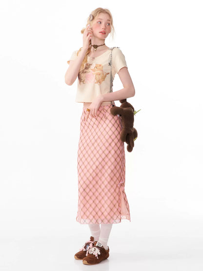 Checkered Fish Tail Skirt | Retro Pink Brown Slim Fit for Autumn/Winter