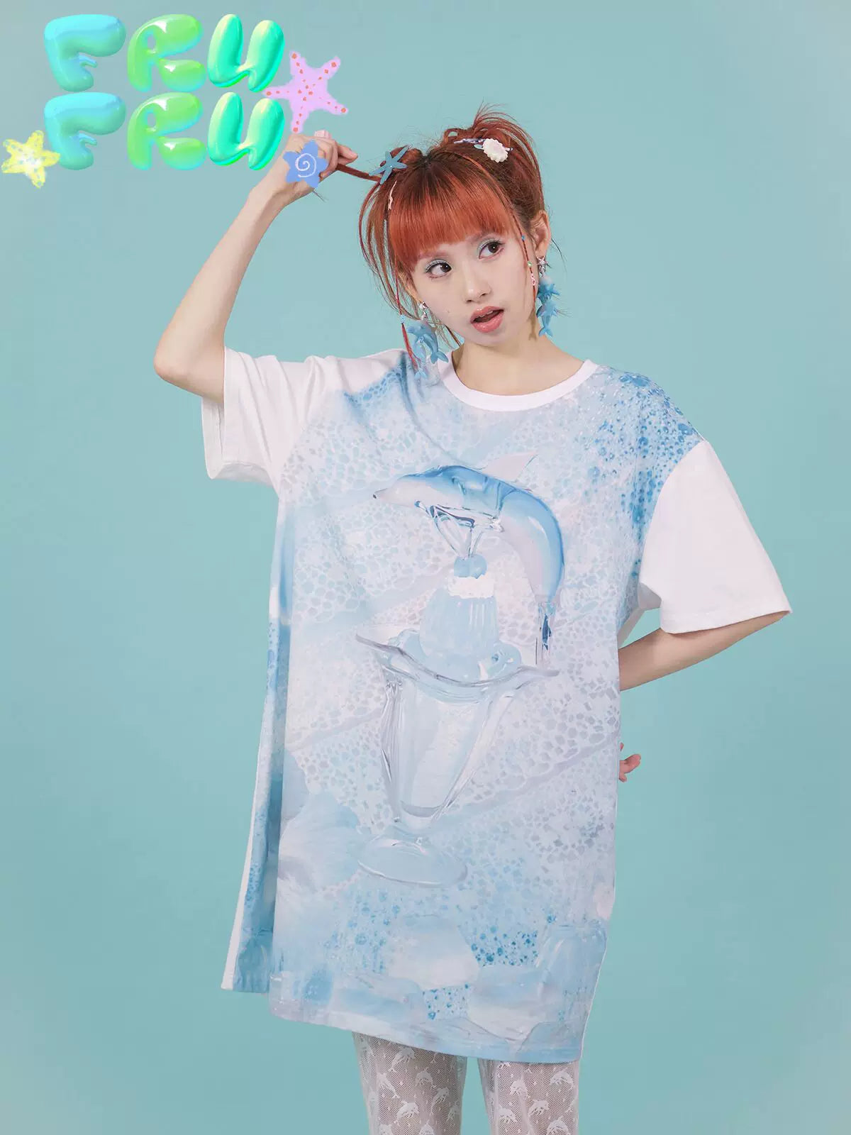 Gollum Store Original Design Summer Crew Neck Dolphin Print Niche Mid-Length Pure Cotton Short-Sleeve T-Shirt