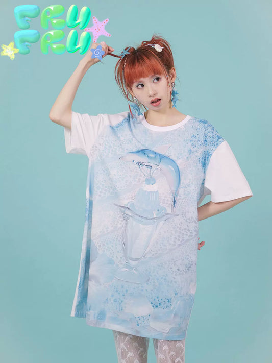 Gollum Store Original Design Summer Crew Neck Dolphin Print Niche Mid-Length Pure Cotton Short-Sleeve T-Shirt