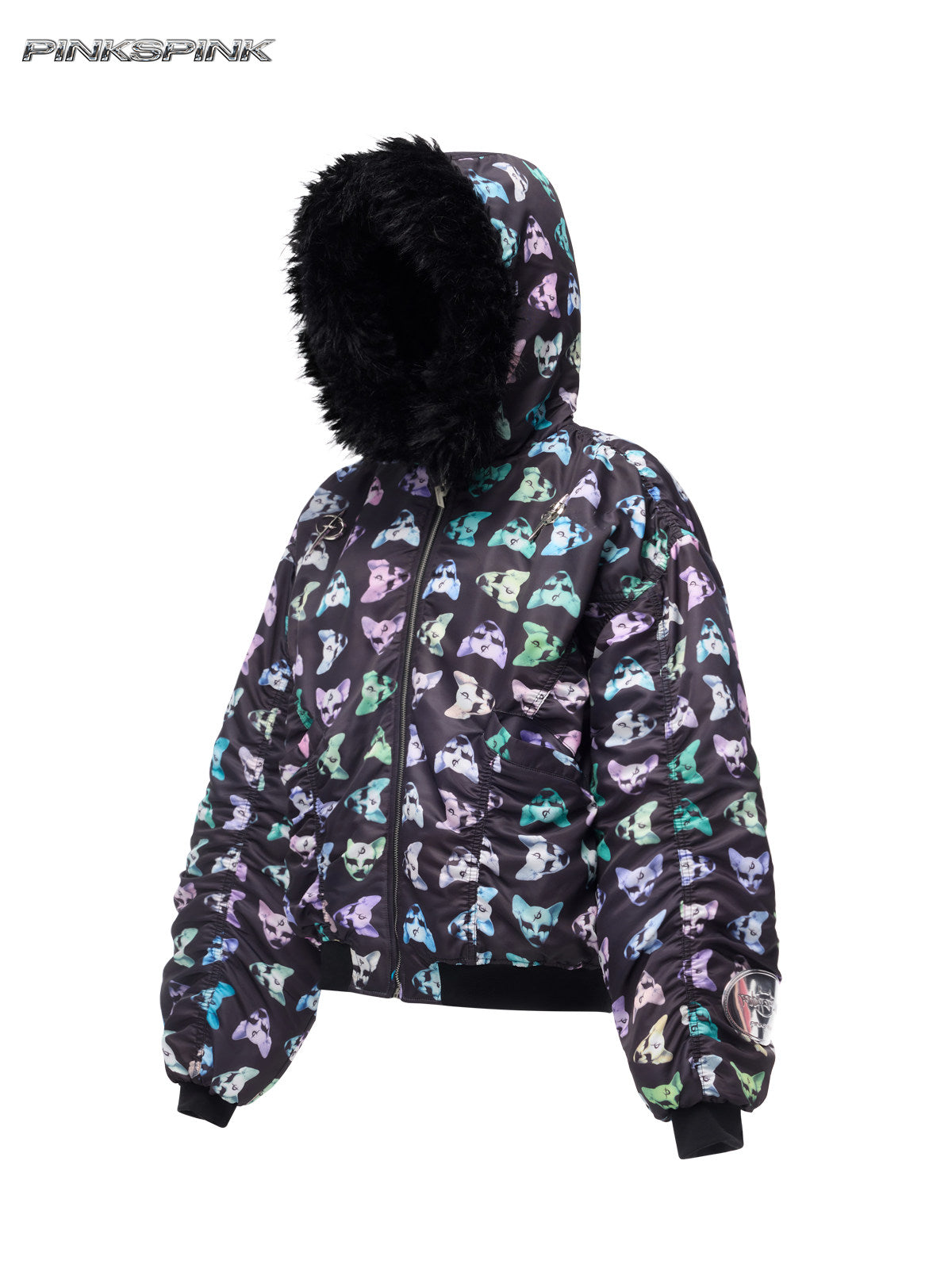 Cat-Themed Black Metal Fur Collar Unisex Y2K Jacket