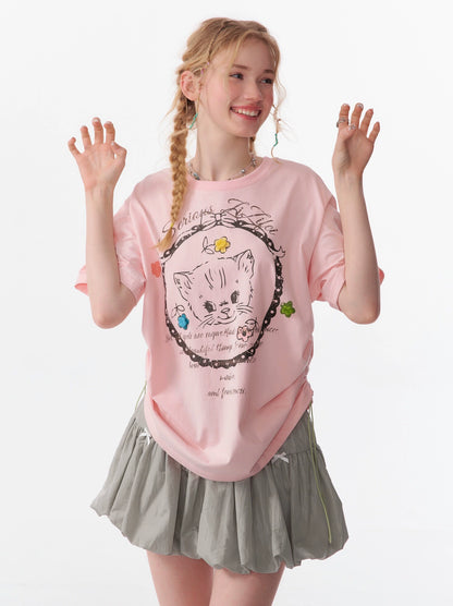 Cat Print Loose T-shirt | Drawstring Round Neck Short Sleeve for Summer