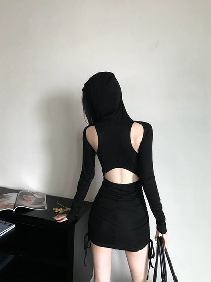 [Black Hot Girl] Wilderness Ribbed High-Collar Backless Drawstring Dress - Early Autumn Style