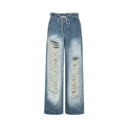 Design original American Street Hole lavé Jeans Pantalon à jambe large de jambe droite pour la jambe droite pour femmes