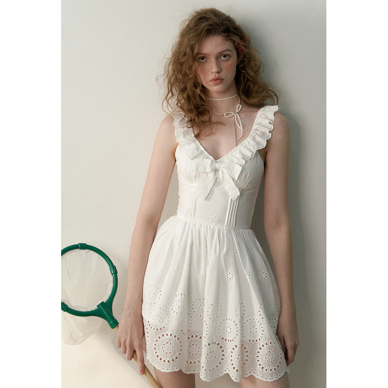 White V-Neck Bow Embroidered Dress