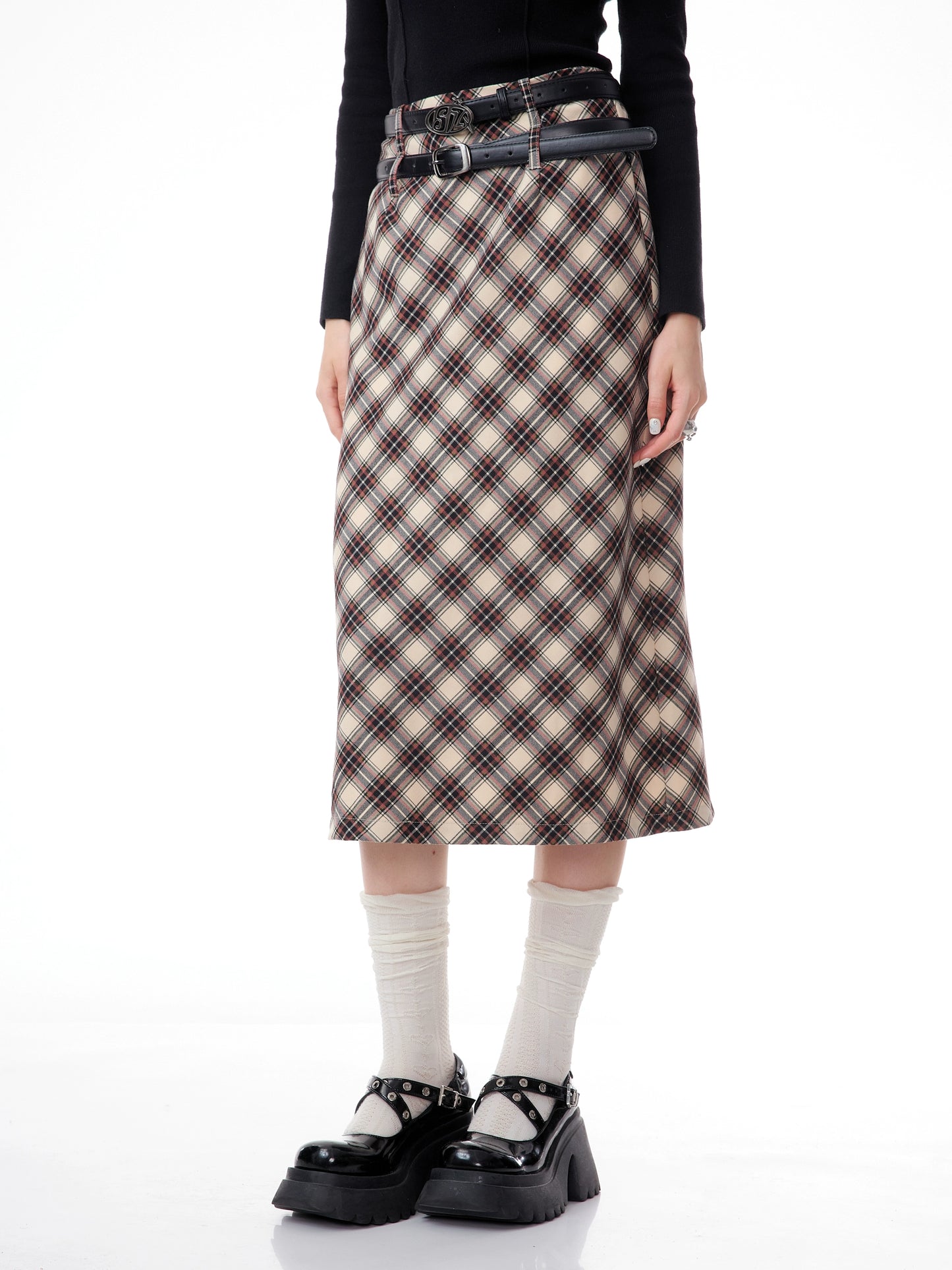 Brown Plaid A-Line Skirt | High Waist Slim Fit Retro Style for Autumn/Winter