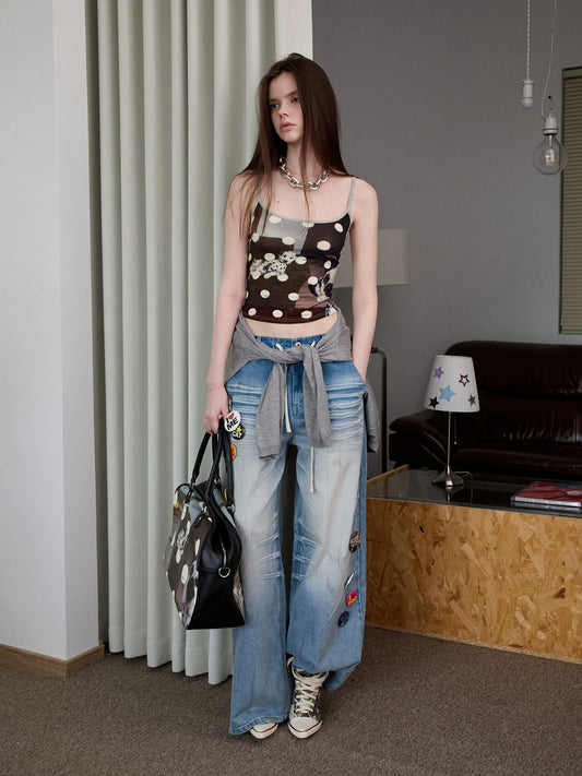 Light Blue Mud-Dyed Badge Wide-Leg Jeans – Vintage Scratched Wash Denim