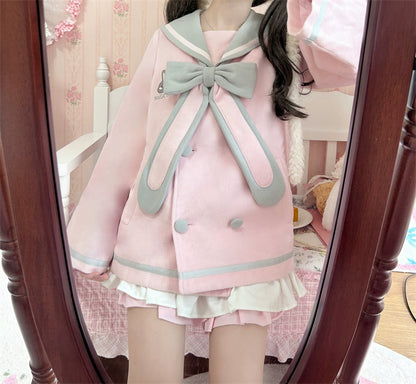 Long-Eared Rabbit Kindergarten 3D Bunny Ear Sailor Collar Tweed Jacket