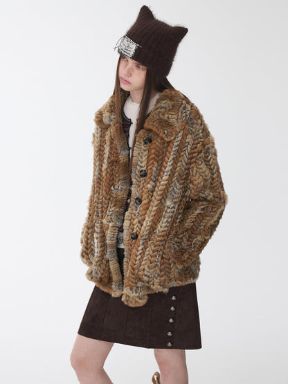 Color-Block Rabbit Fur Shirt Coat
