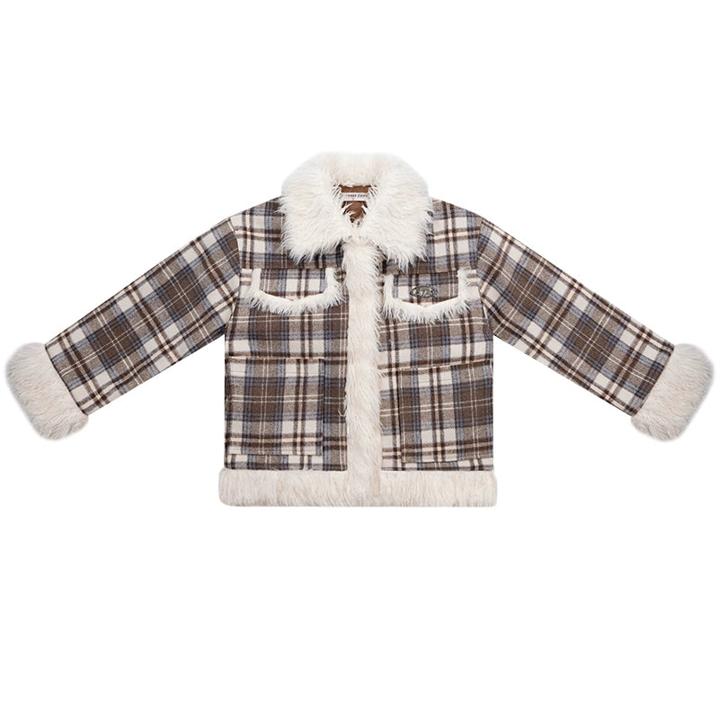 Checkered Quilted Wool Jacket | Sheepskin Collar Plush Splicing Design for Autumn/Winter