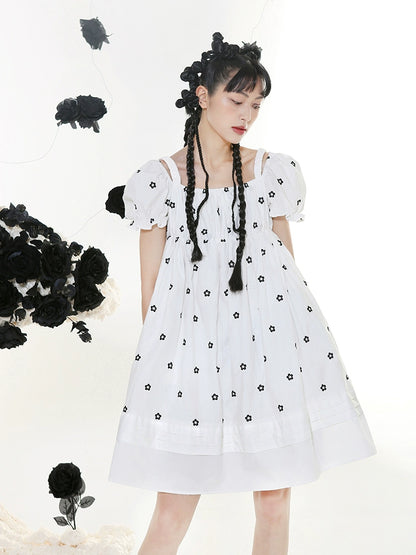 Black Embroidered Doll Dress - Square Neck Bubble Sleeve