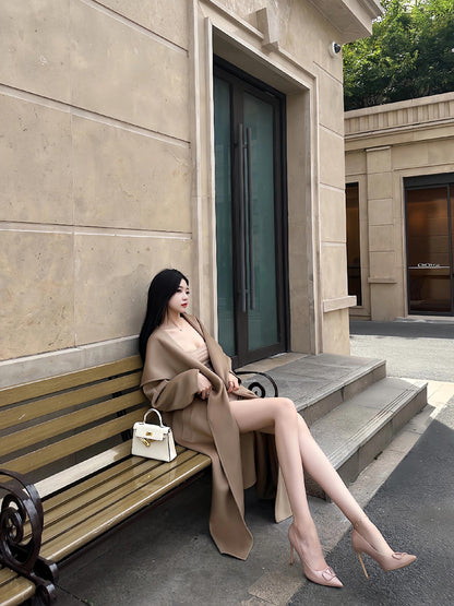 Camel Double-Faced Cashmere Coat – High-Quality Large Lapel Woolen Cape