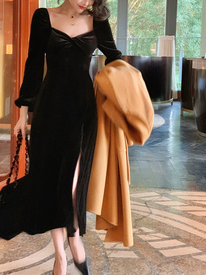 Square-Neck Velvet Long Sleeve Slit Dress – French Retro Winter Style