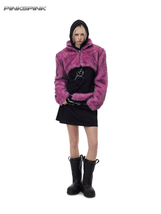 Electric Moon Gradient Fur Ultra-Short Y2K High-Neck Jacket