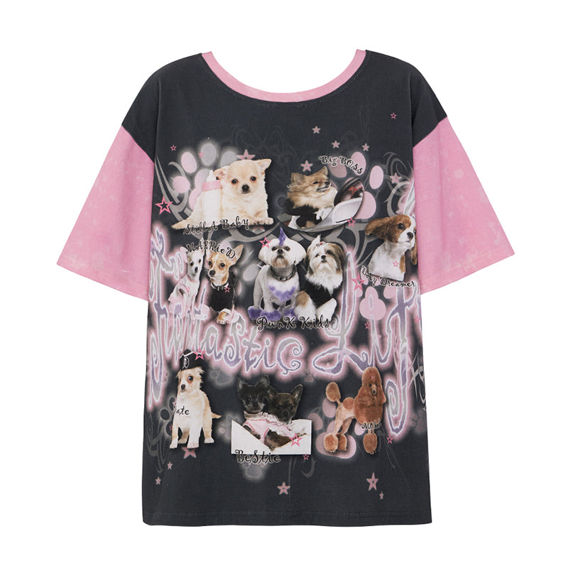 Dog Print Contrast Loose Fit T-shirt