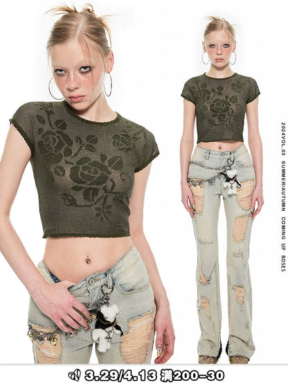 Rose Cutout Glitter Knit T-Shirt – Sheer Short Sleeve Slim Crop Top