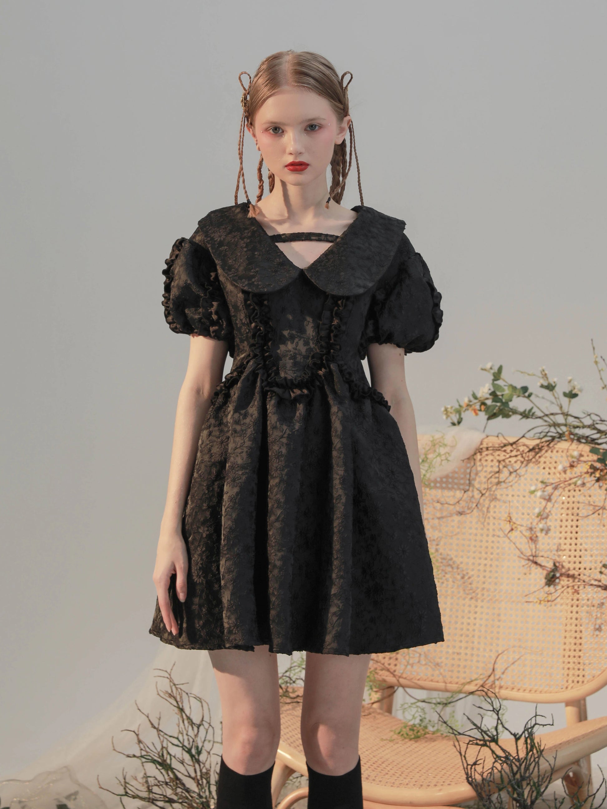 Susie Vintage - Black Jacquard Mini with Doll Collar