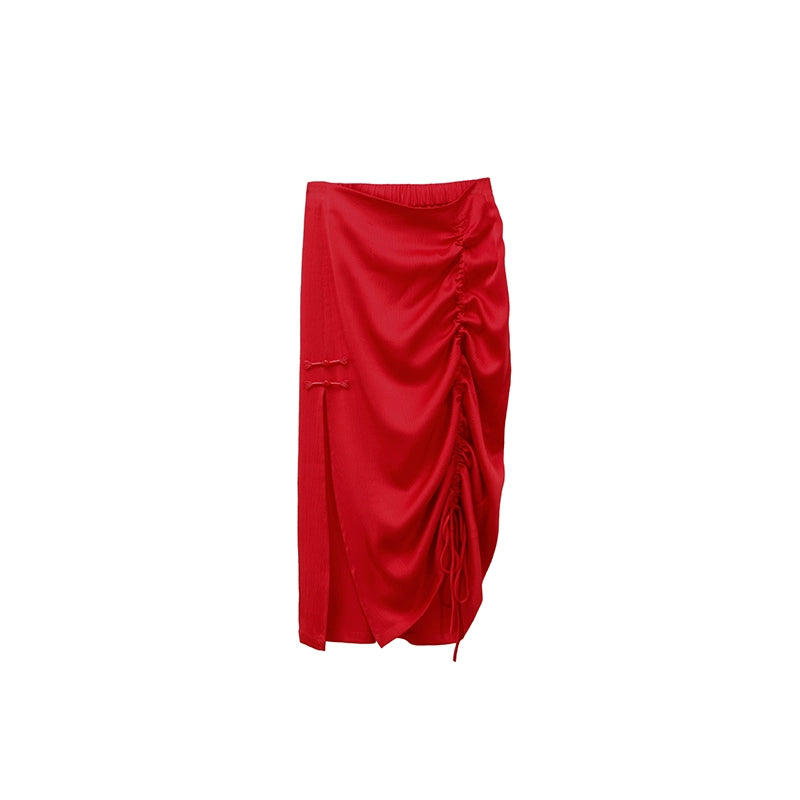 Red Black Slit Chinese Skirt