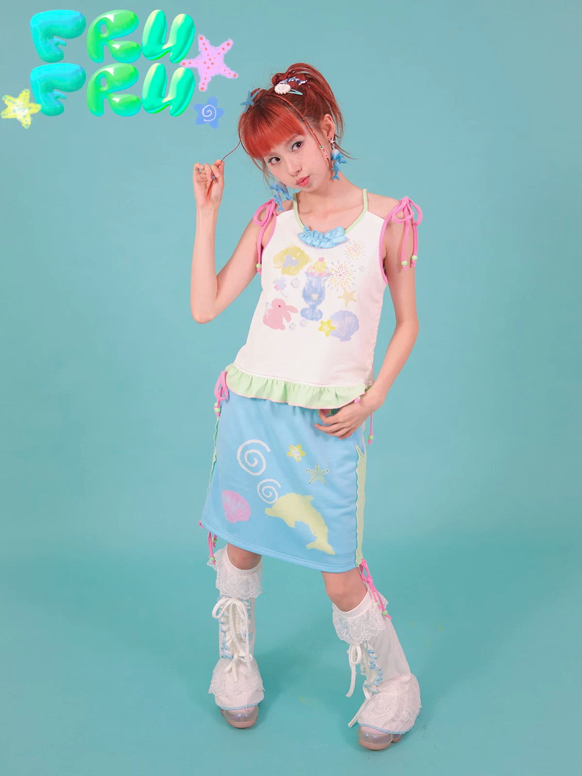 Gollum Store Original Summer Y2K Girl Niche Cute Dolphin Print Fake Two-Piece Camisole