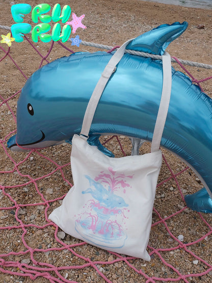 Gollum Store Original Summer Dolphin Fountain White Casual Cute Versatile Crossbody Canvas Bag