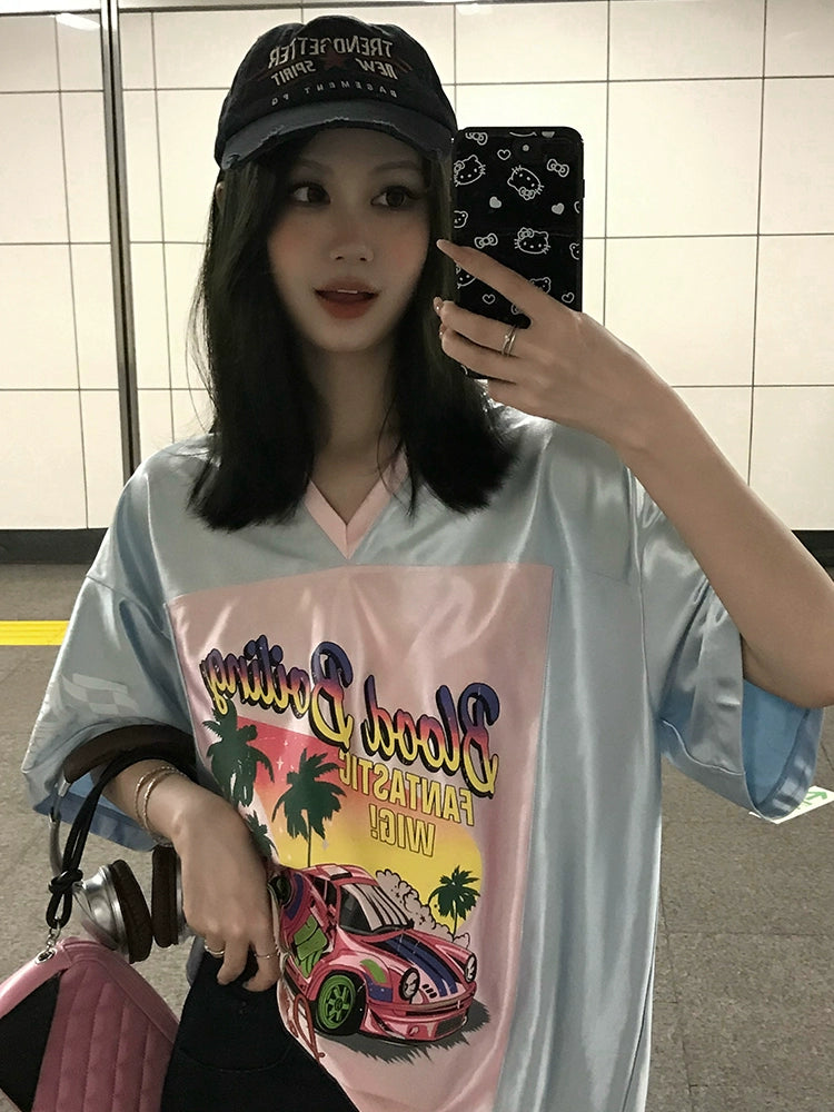 [Summer Sweet Cool] V-Neck Jersey T-Shirt - Summer Oversized Style