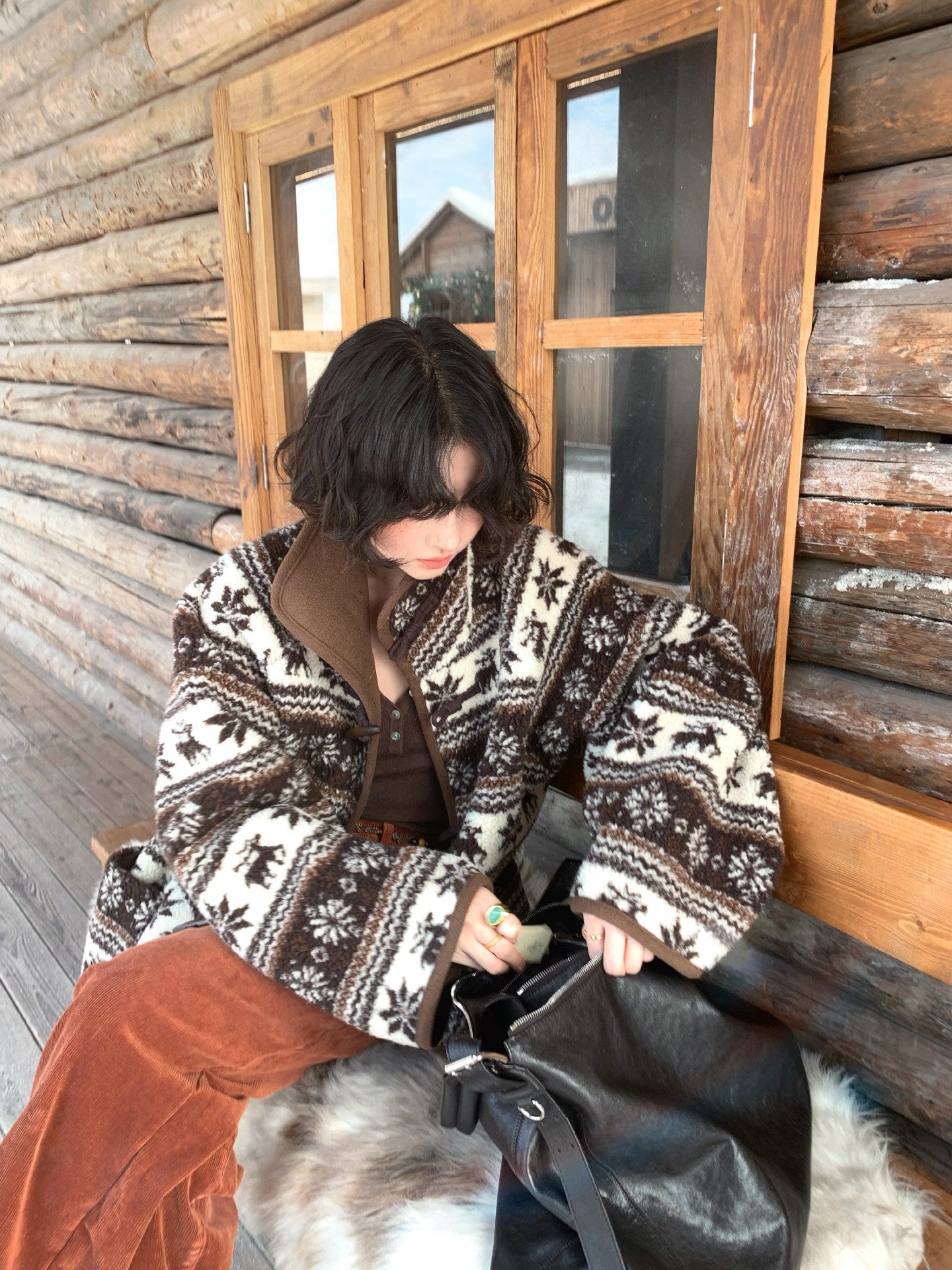 Snowy Deer Walk Christmas Faux Shearling Coat