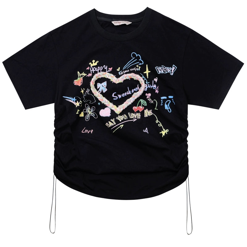 T-shirt imprimé Love avec cordon de serrage, coupe ajustée rétro d'été ample |