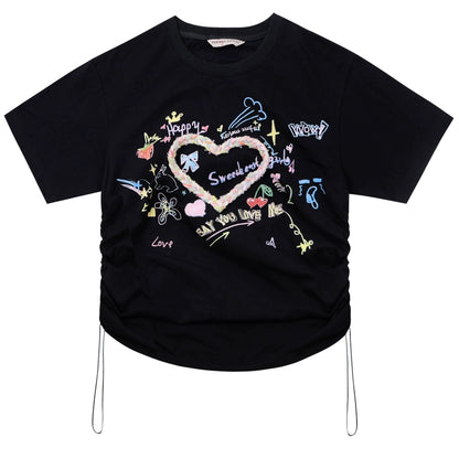 Camiseta con estampado de amor y cordón Diseño retro holgado de verano