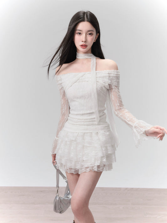 Moonlight White Lace Knitted Off Shoulder Top