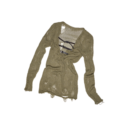 Beaded Cut-Out Knit Blouse – V-Neck Slim Semi-Sheer Knit