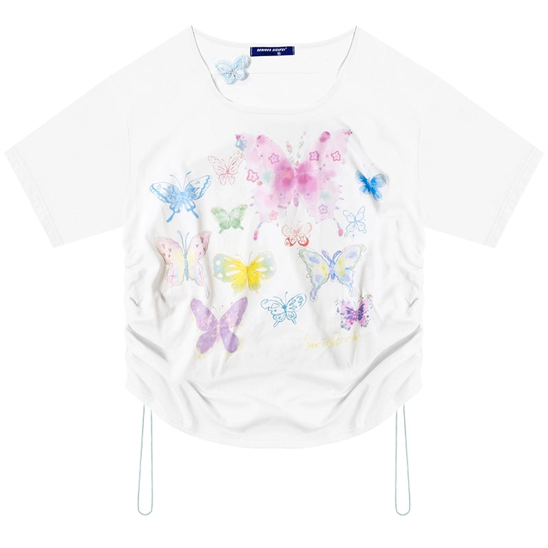 Camiseta con cordón estampado de mariposas y manga corta retro holgada para verano