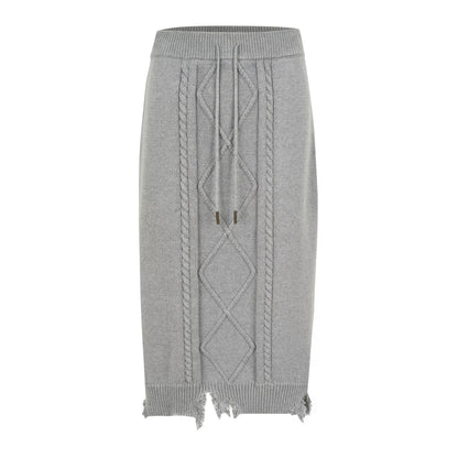 Twisted Flower Damaged Grey Fur Edge Long Skirt