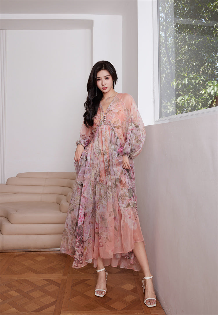 Pink V-Neck Long Dress by Zhao