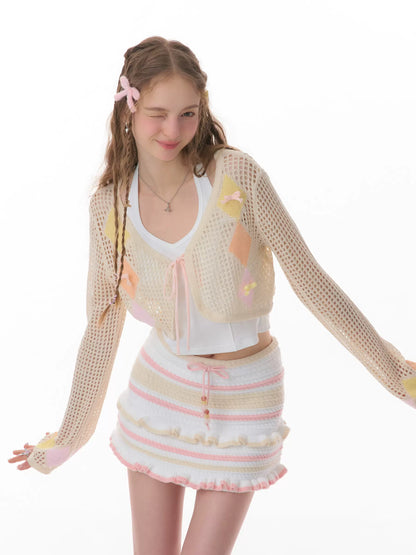 Bow Short Sleeve Hollow Knit Cardigan | Lightweight American Design for Summer