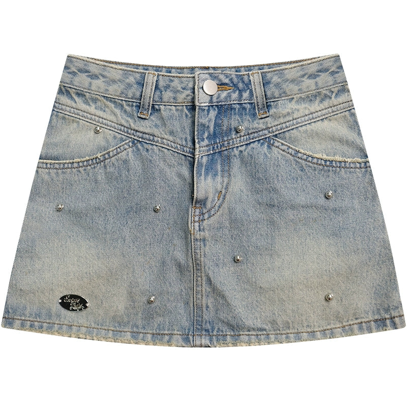 Silver Bead A-Line Denim Skirt | Retro High Waist Slim Fit Summer Style